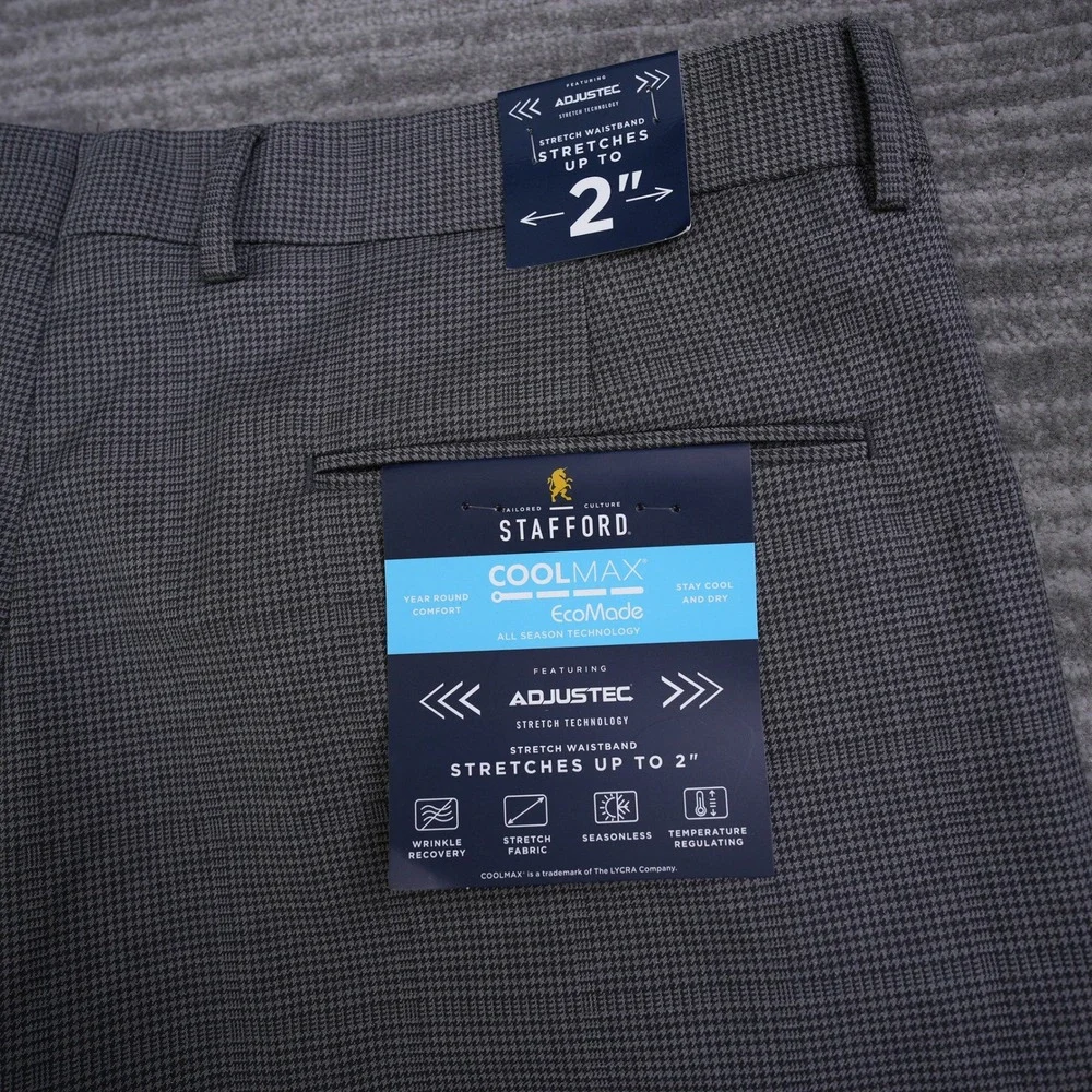 Stafford Dress Pants CoolMax Men Gray Wool Blend Classic New 37x30 Fit (39x29.5)